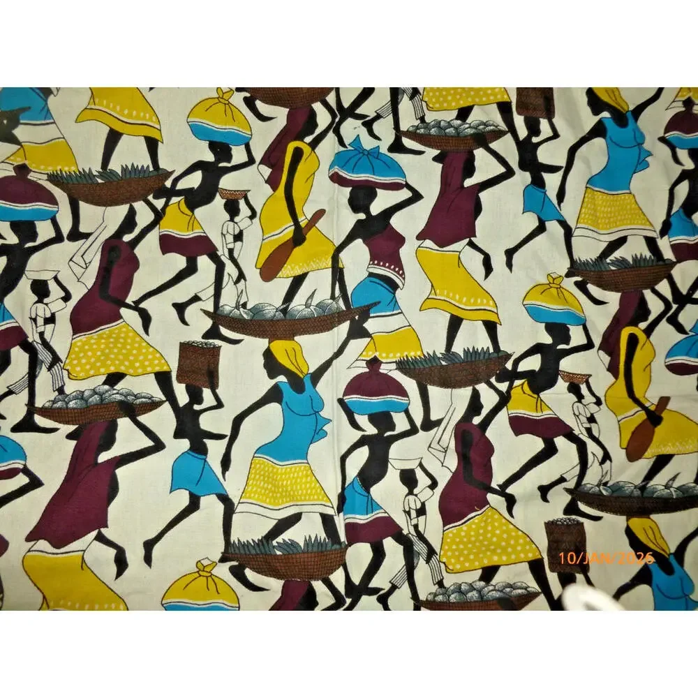Vintage African Print Fabric Cotton Cloth Heavy Woven Screen Printed 48